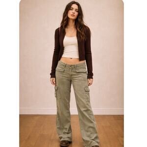 Y2K American Eagle Low Rise Cargo Pants Army Green Linen Blend Bootcut Size 6